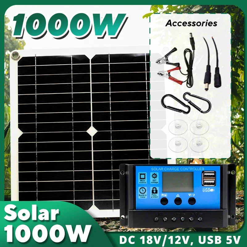 Solar Emergency Charger - 1000W zonnepaneelset, 12V zonnecel 10A‑100A controller,
